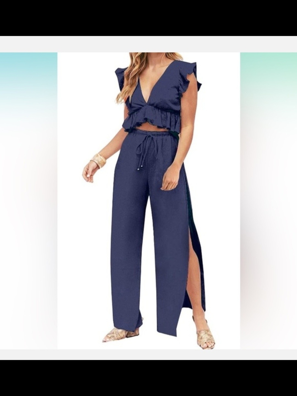 Fancyinn Navy Wide-Leg Split-Side Drawstring Pants